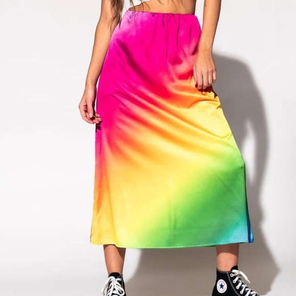 Dressed In Lala It Girl Prismatic Rainbow Satin Midi Skirt XS - Picture 1 of 10
